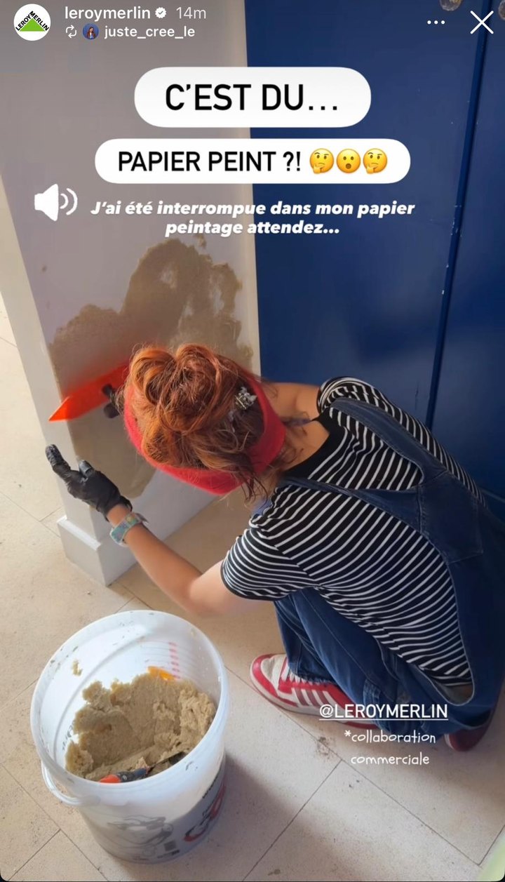 Story Instagram Leroy Merlin : application de l'enduit de coton à la taloche, légendée c'est du papier peint