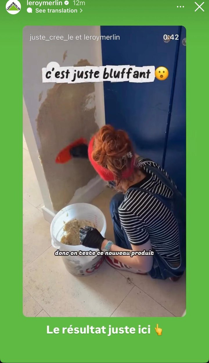 Story Instagram Leroy Merlin montrant le mur fini en enduit de coton, légendée c'est juste bluffant