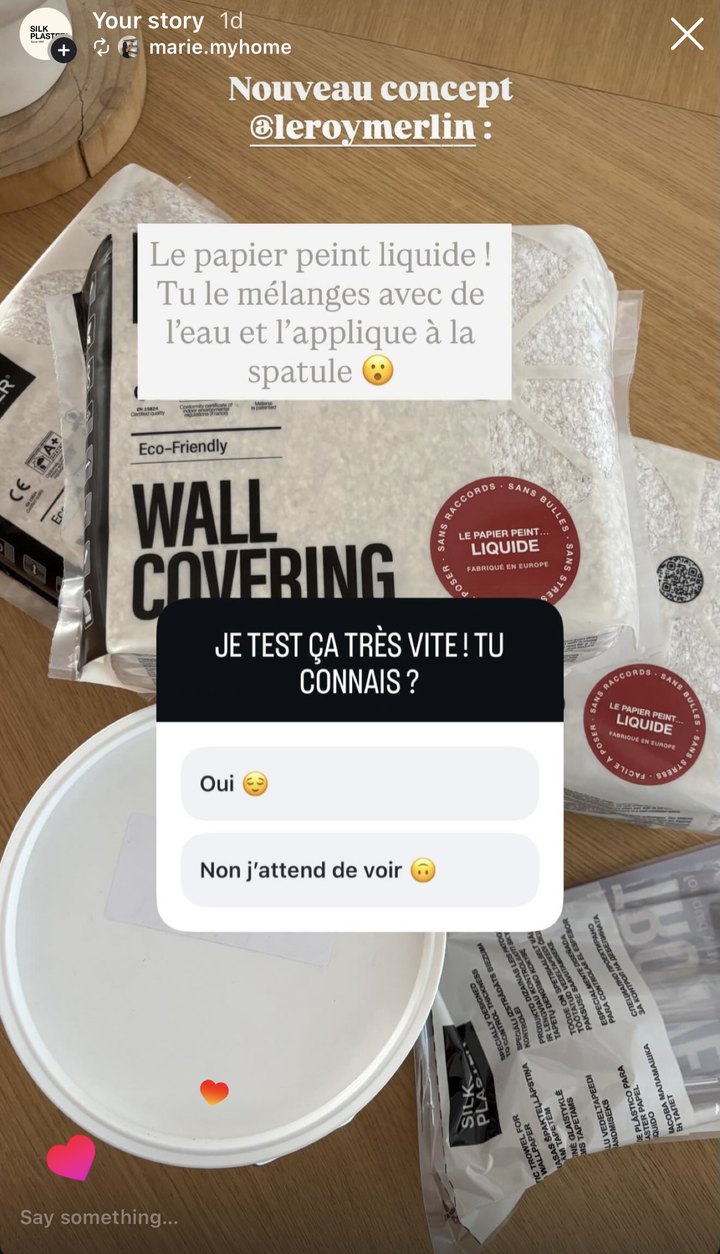 Story Instagram de marie.myhome montrant des paquets d'enduit de coton Silk Plaster achetés chez Leroy Merlin