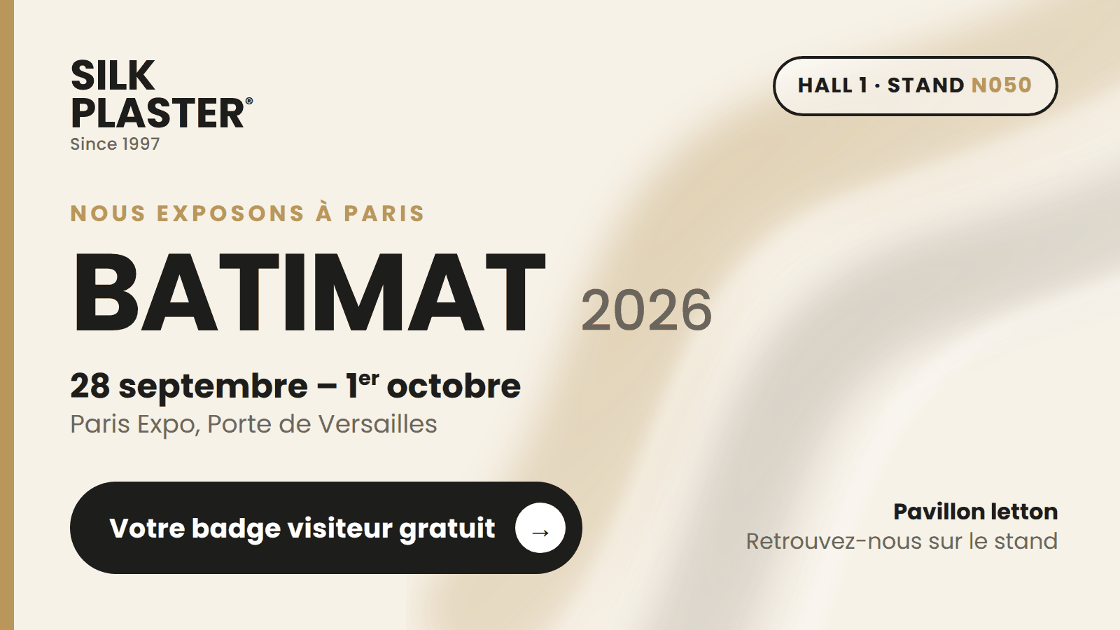 Silk Plaster à BATIMAT 2026, Paris, du 28 septembre au 1er octobre, Hall 1 stand N050